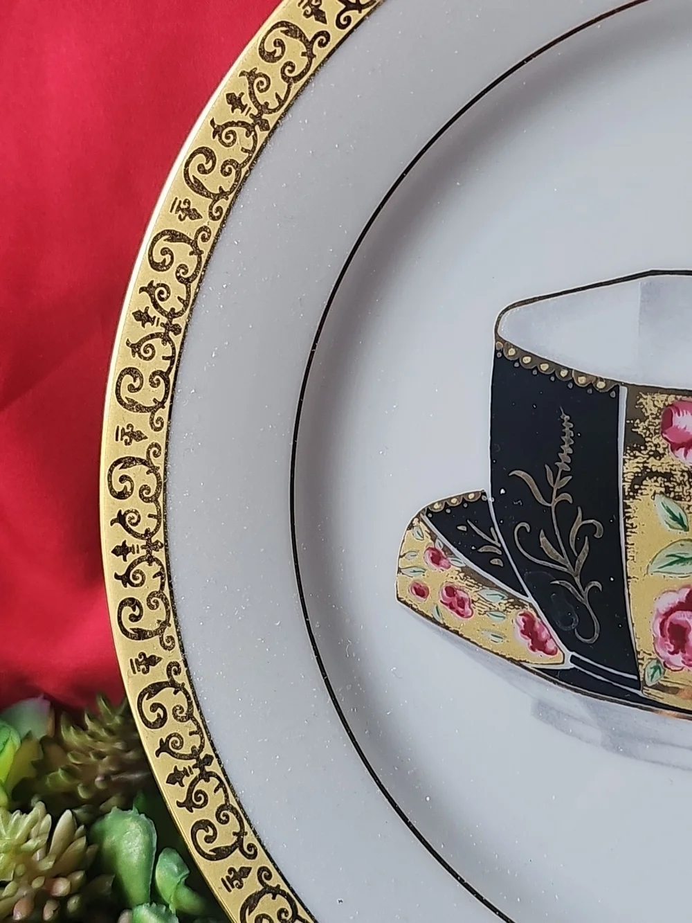 Decorative Dinner Plate with Black & Gold Teacup Motif